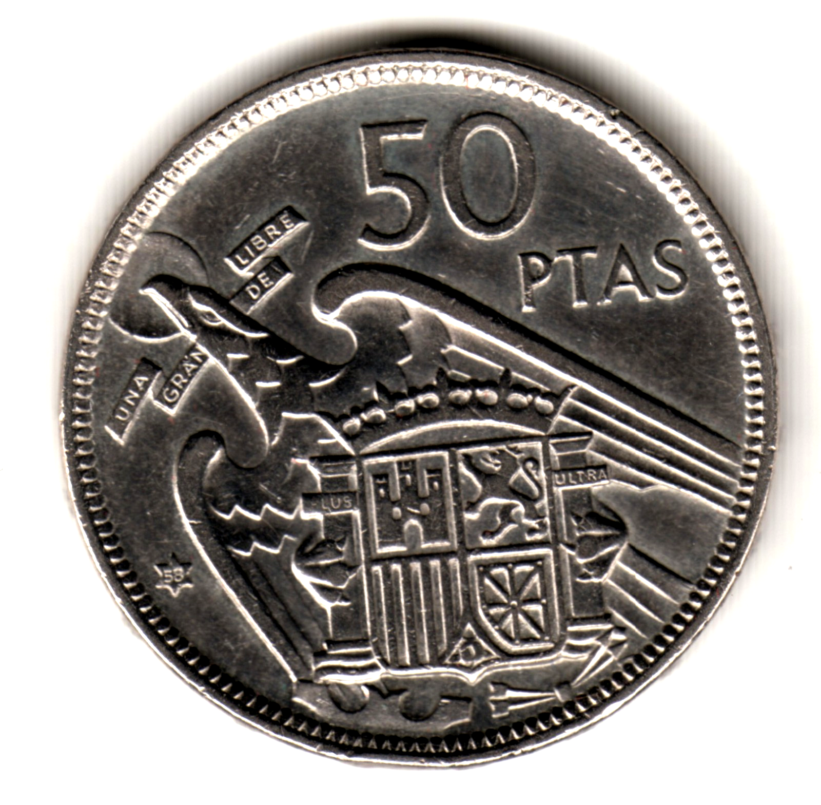 ESPAÑA 50 pesetas 1957 *58* variante / error ESPAÑA UNA LIBRE GRANDE
