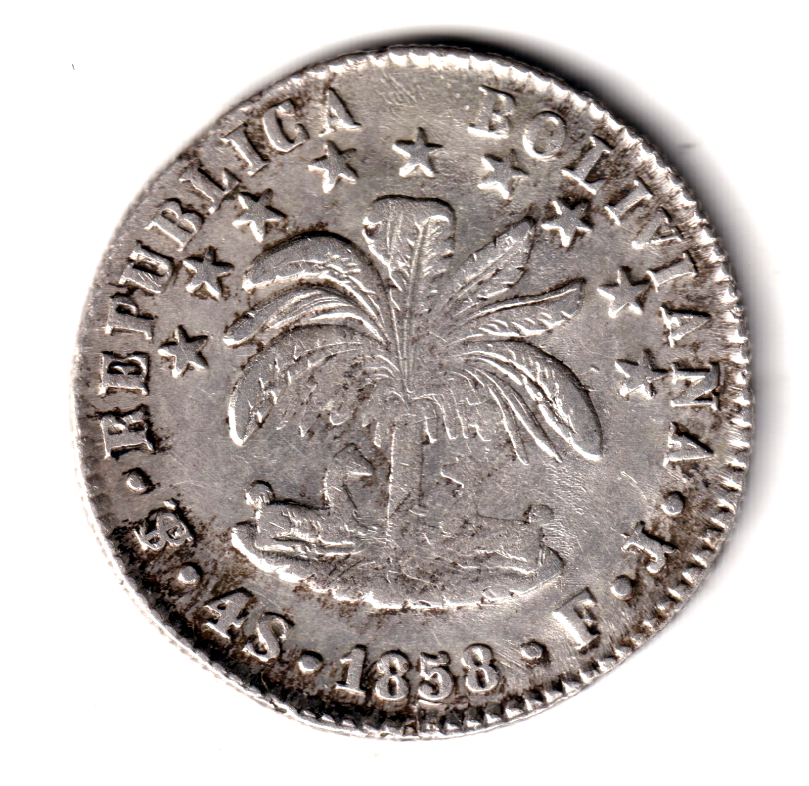 BOLIVIA 4 soles plata 1858 F.J. Potosí