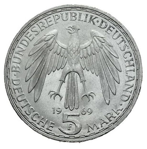 ALEMANIA 5 marcos plata 1969 F Mark Gerhard Mercator - 5 mak silver S/C