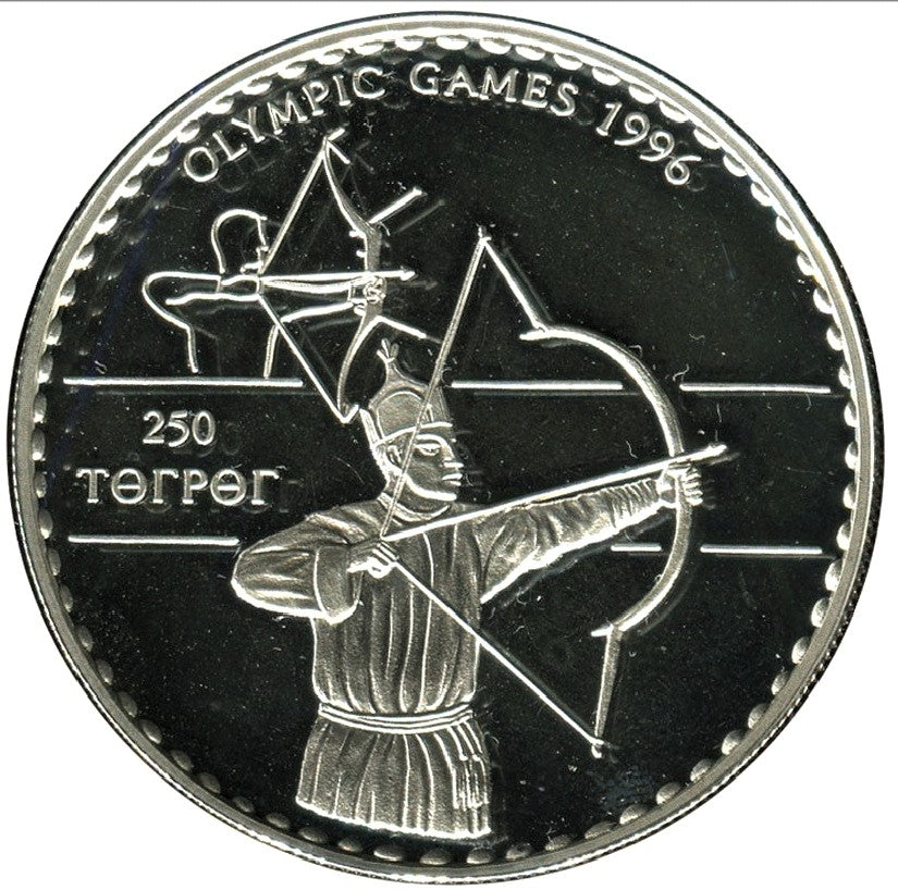 250 Tögrög plata MONGOLIA 1995 proof TIRO CON ARCO  - Olimpiadas Atlanta 96