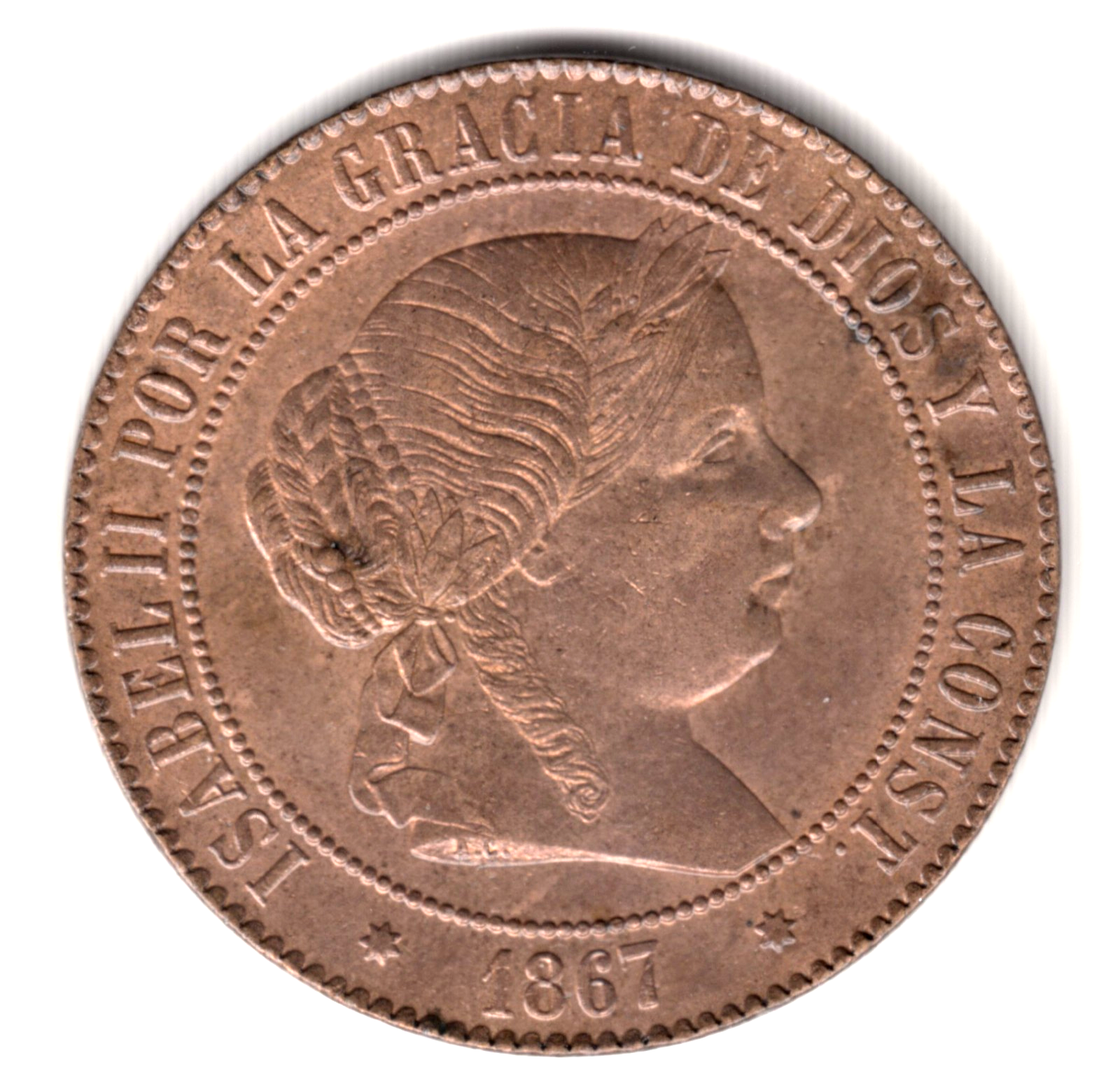 5 centimos escudo ESPAÑA 1867 Sevilla   - Isabel II - Sin circular