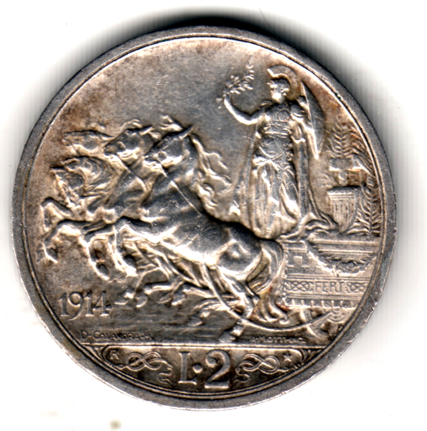 2 lire plata 1914 ITALIA Rey Victor Emmenuel III - Cuadriga