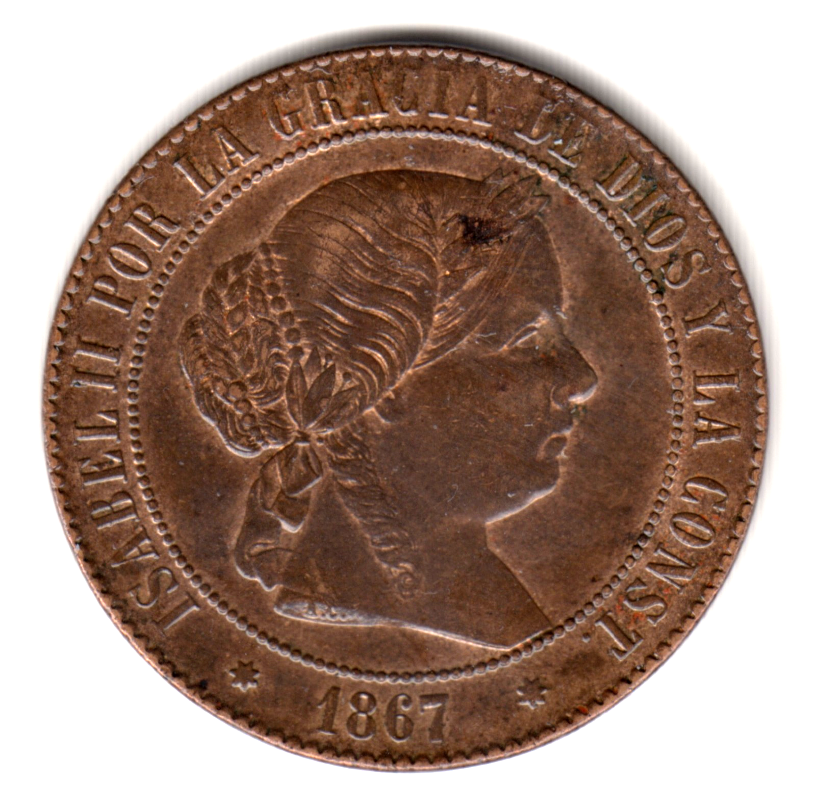 5 centimos escudo ESPAÑA 1867 Sevilla   - Isabel II