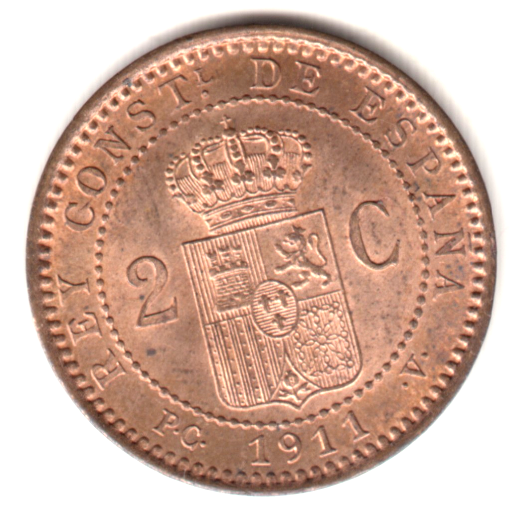 2 centimos ESPAÑA 1911 PC. V *11* Alfonso XIII S/C  Brillo original