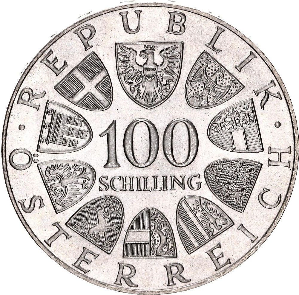 AUSTRIA 100 schilling plata 1976 - Emblema logotipo olímpico -  Olimpiadas Innsbruck