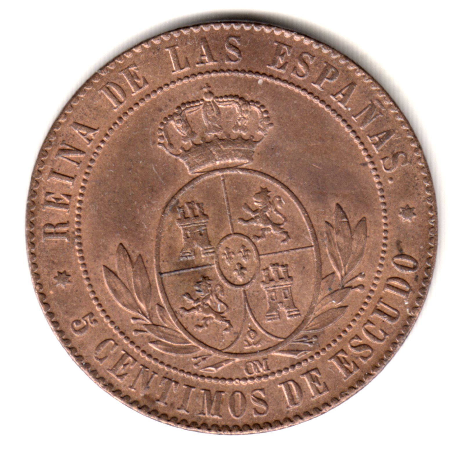 5 centimos escudo ESPAÑA 1867 Sevilla   - Isabel II - Sin circular