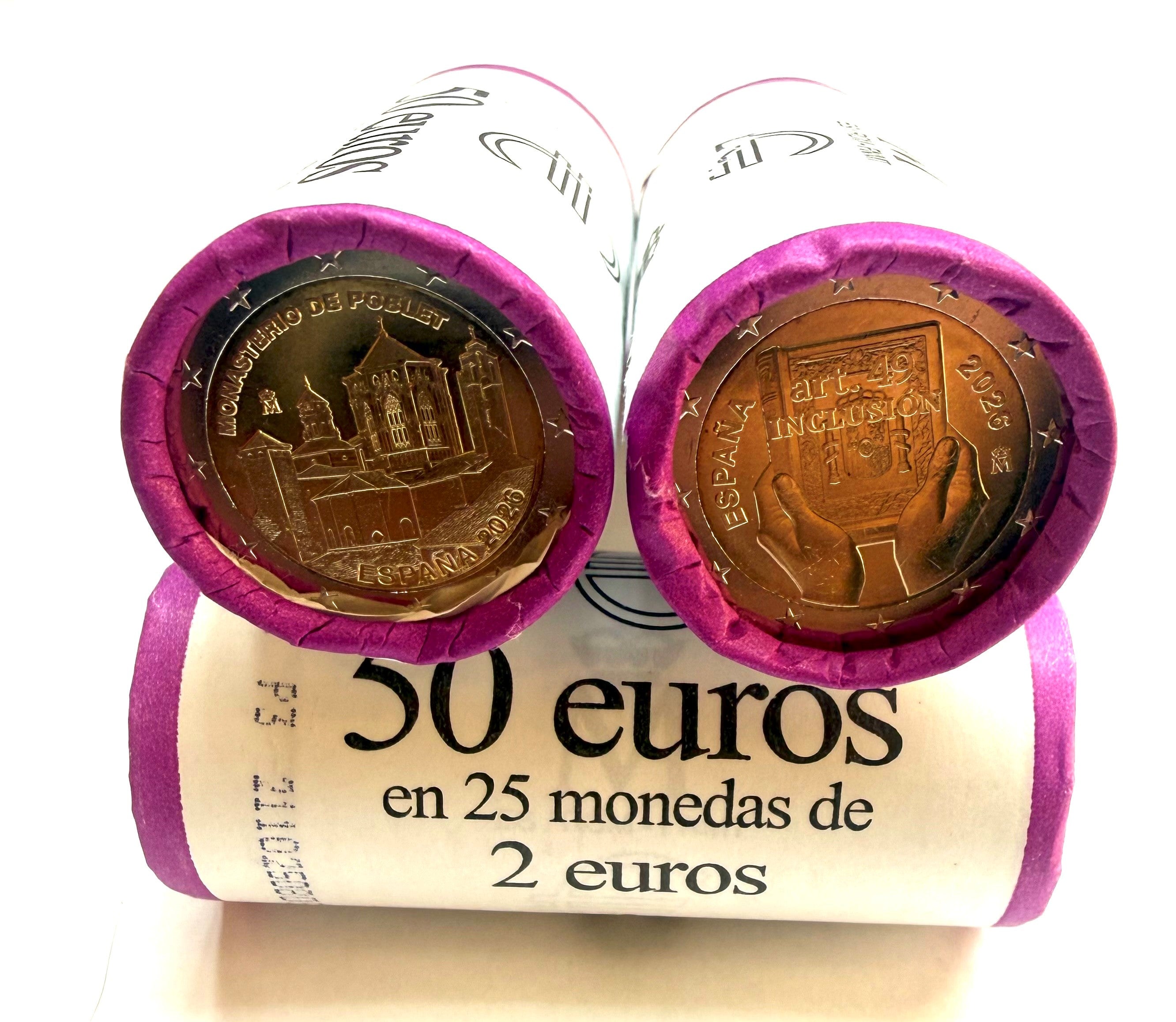 2 x 2 euros ESPAÑA 2026 -  Monasterio de Poblet -España y la discapacidad: protección, derechos e inclusión- 2 cartuchos 25pz.