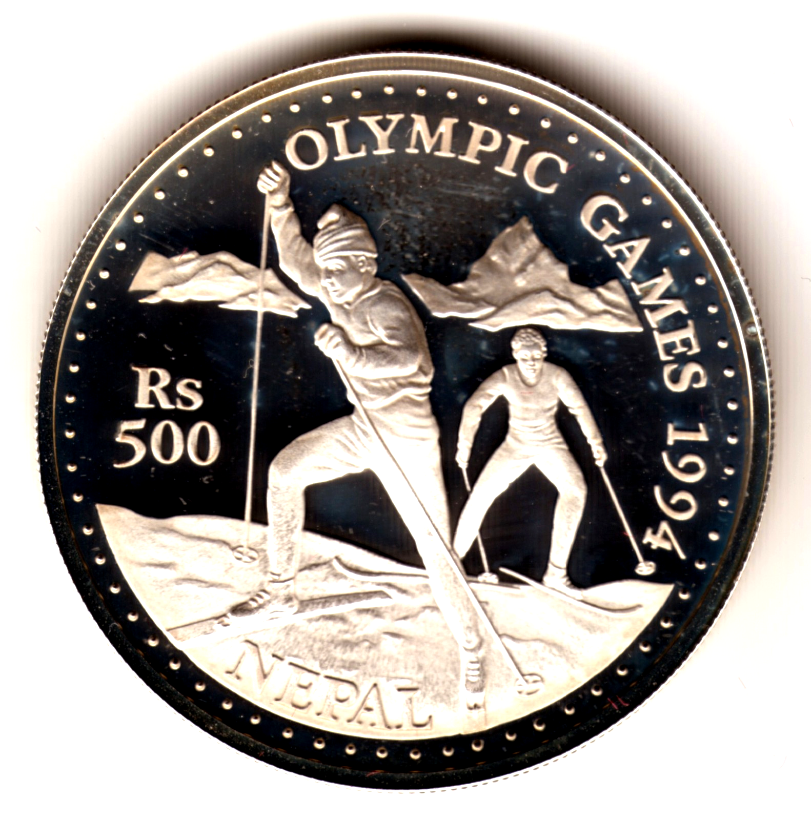 500 rupias plata NEPAL 1994 ESQUI DE FONDO