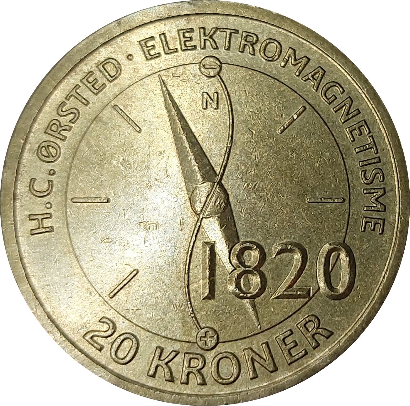 Dinamarca  20 Kroner 2013 Descubrimiento del electromagnetismo por H.C. Ørsted en 1820