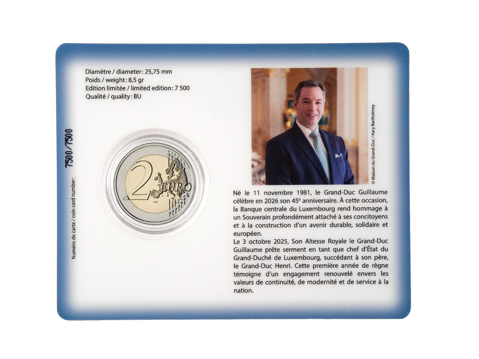 2 euros LUXEMBURGO 2026 Ascensión al trono del Gran Duque Guillermo coin card