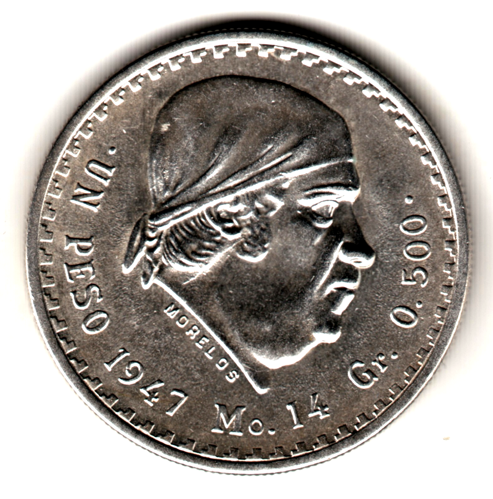 1 peso plata MEXICO 1947  Sin circular  CACHETON