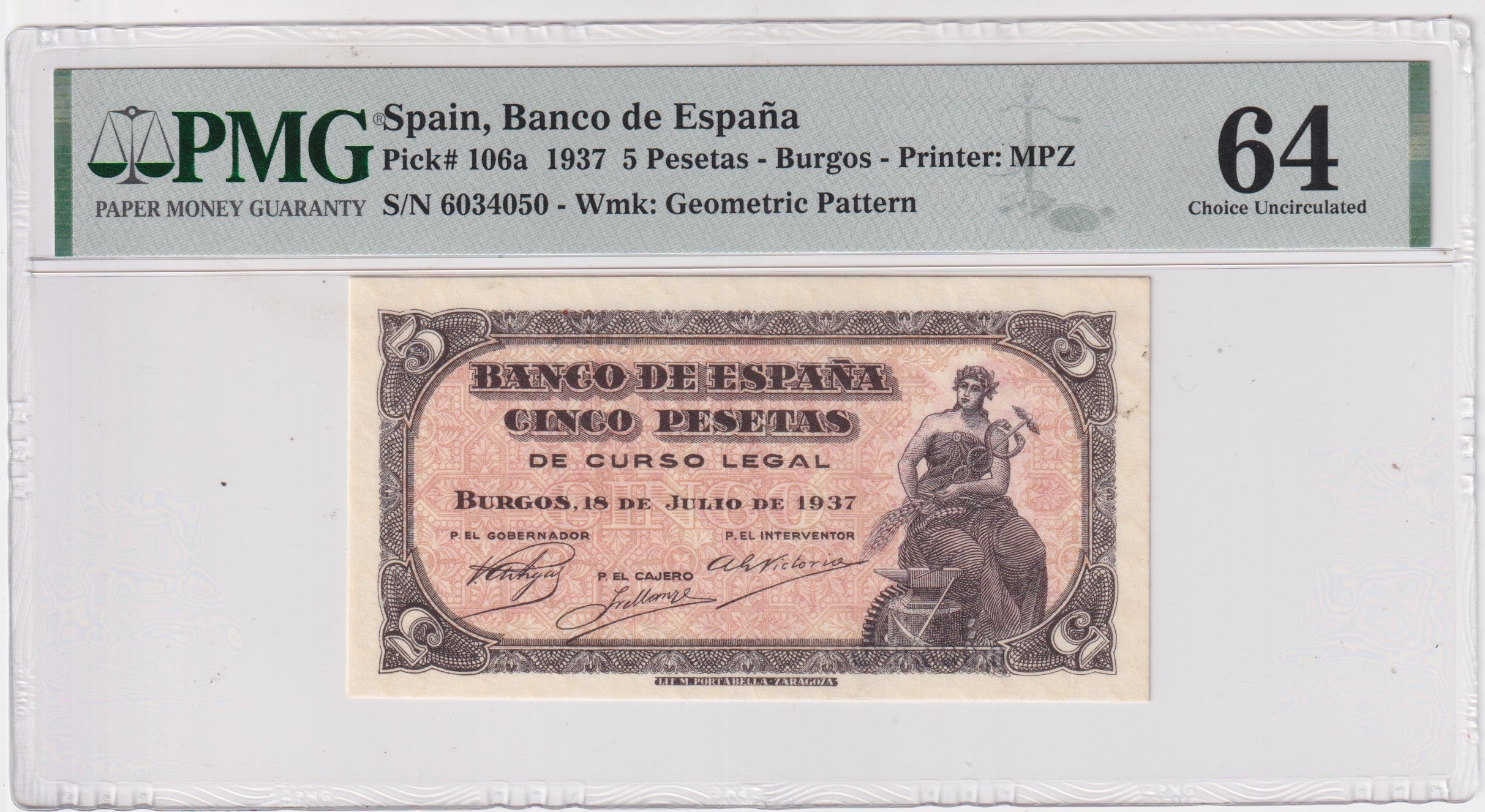 5 pesetas ESPAÑA 1937 - 18 julio Burgos PMG 64 - sin serie