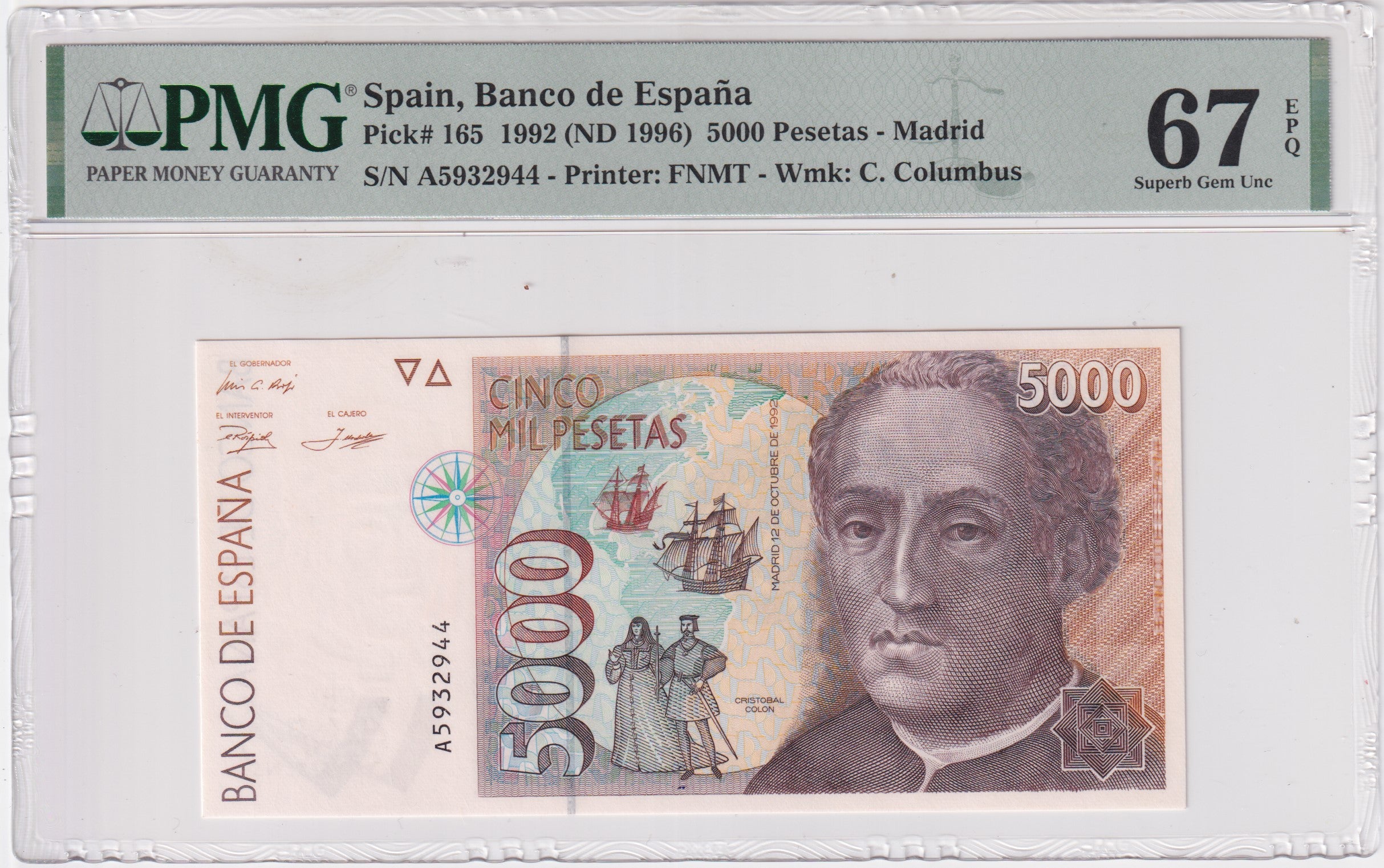 5000 pesetas ESPAÑA 1992 COLON - Serie A  PMG 67 EPQ