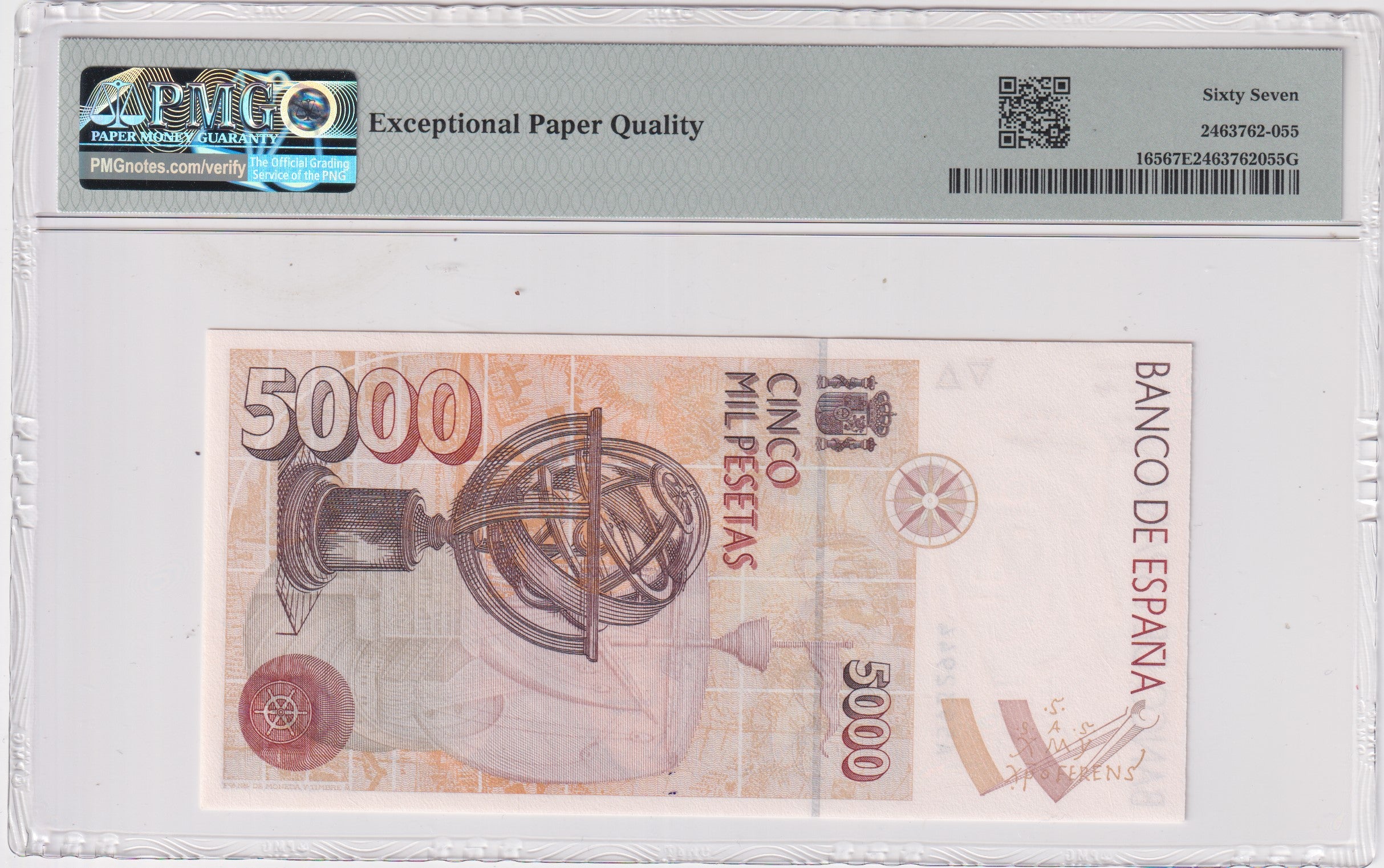 5000 pesetas ESPAÑA 1992 COLON - Serie A  PMG 67 EPQ