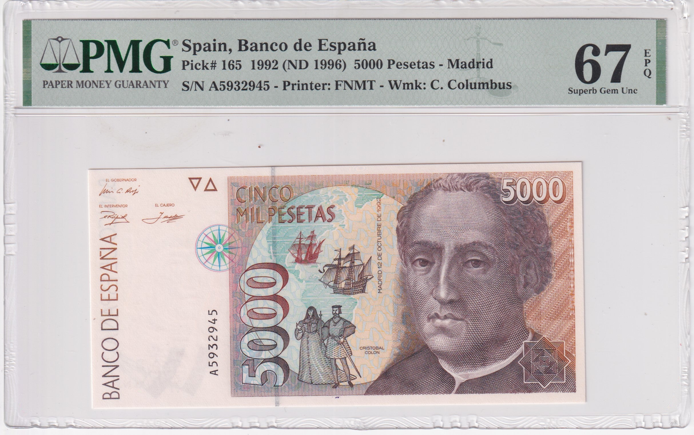 5000 pesetas ESPAÑA 1992 COLON - Serie A5932945  PMG 67 EPQ