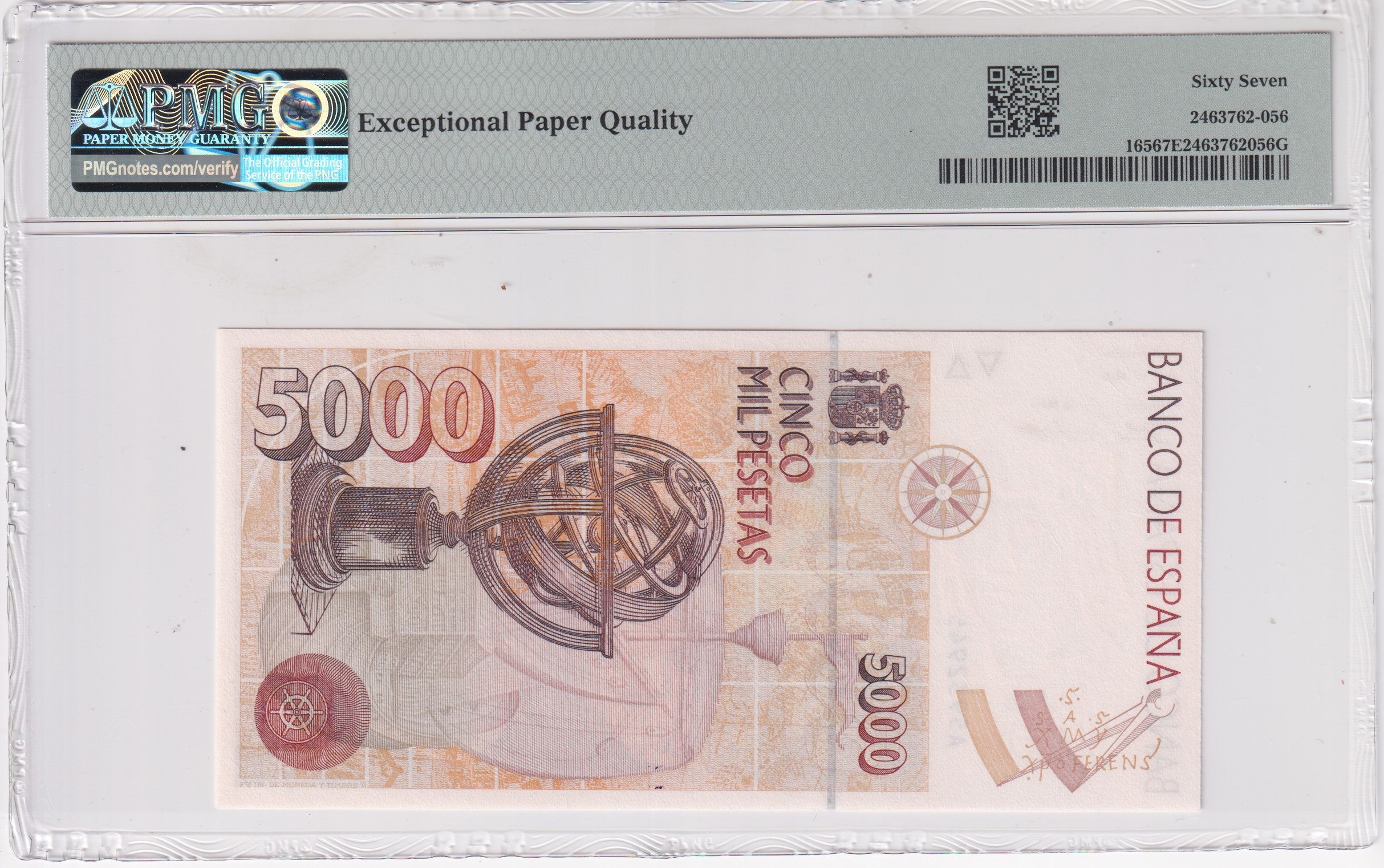 5000 pesetas ESPAÑA 1992 COLON - Serie A5932945  PMG 67 EPQ