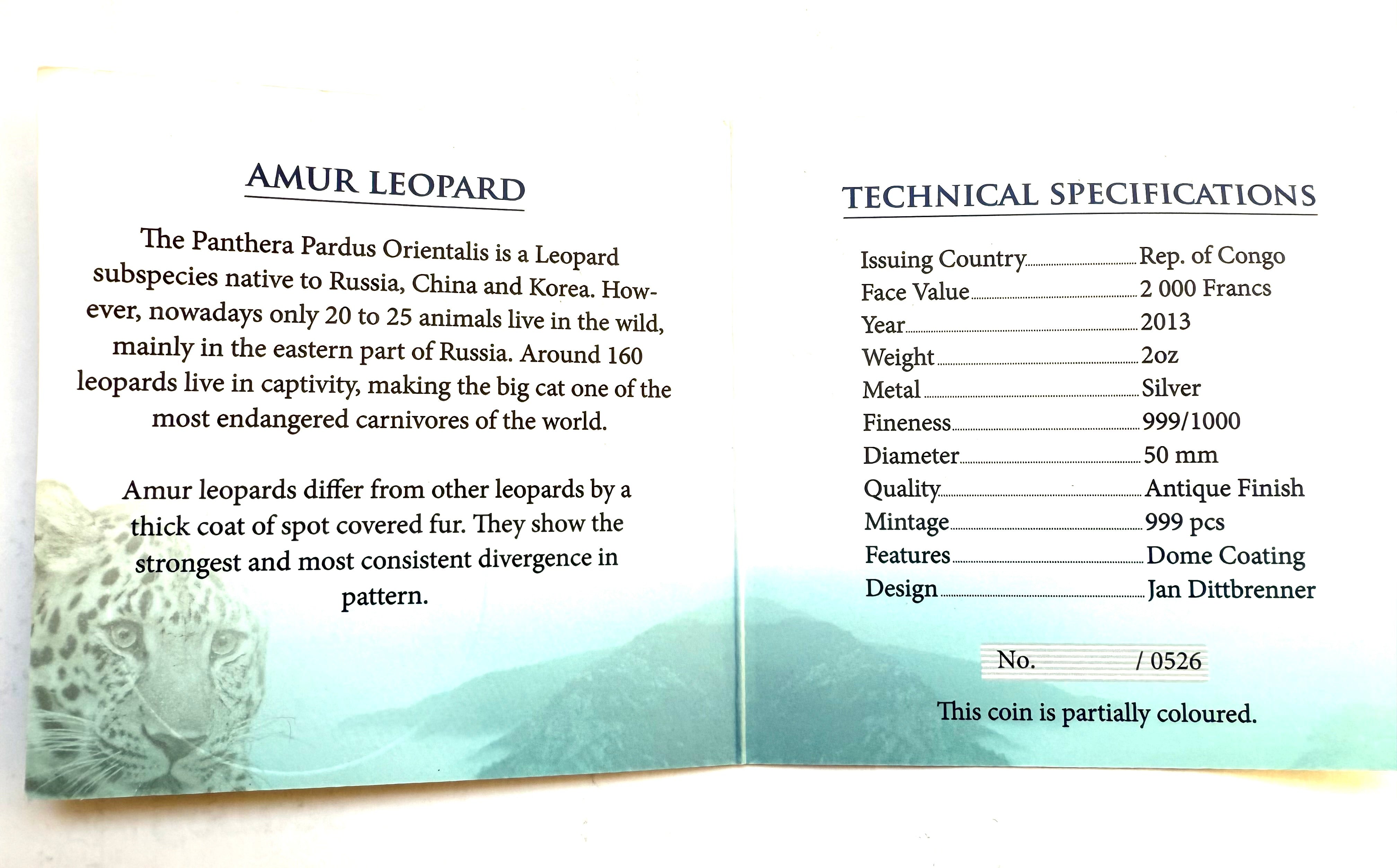 2000 Francs CFA CONGO  Leopardo de Amur  2 OZ. PLATA 999