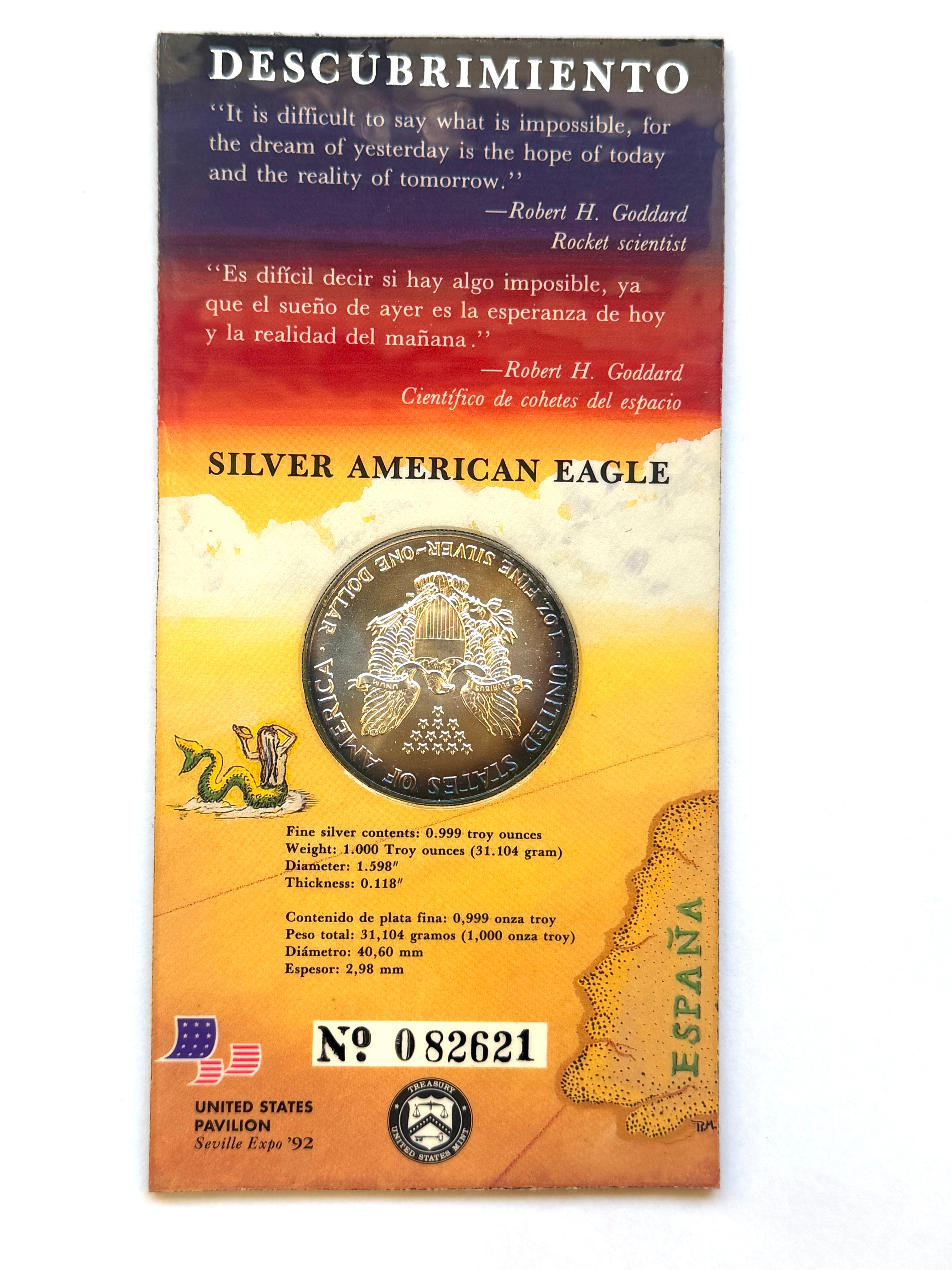 1 dólar ESTADOS UNIDOS 1992 Seville Expo $1 American Silver Eagle Official Souvenir