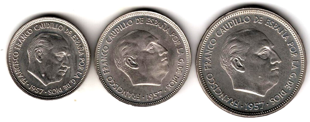 ESPAÑA serie 3 monedas 5, 25 y 50 pesetas 1957 BA (Barcelona) calidad S/C