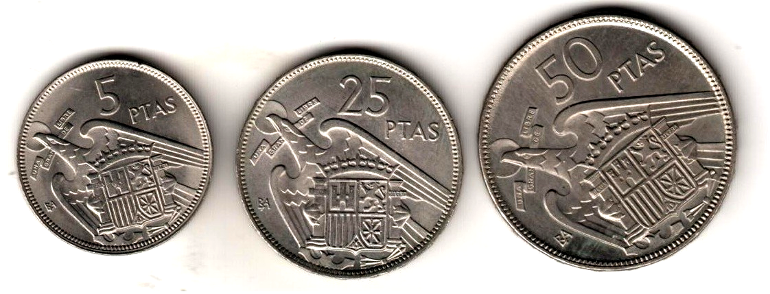ESPAÑA serie 3 monedas 5, 25 y 50 pesetas 1957 BA (Barcelona) calidad S/C