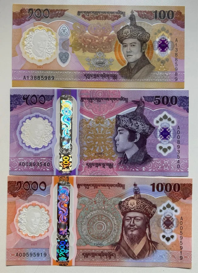 Bhután Set 3 billetes 100 500 1000 Ngultrum Conmemorativo 2025  Pick 43,44,45 Polímero Unc