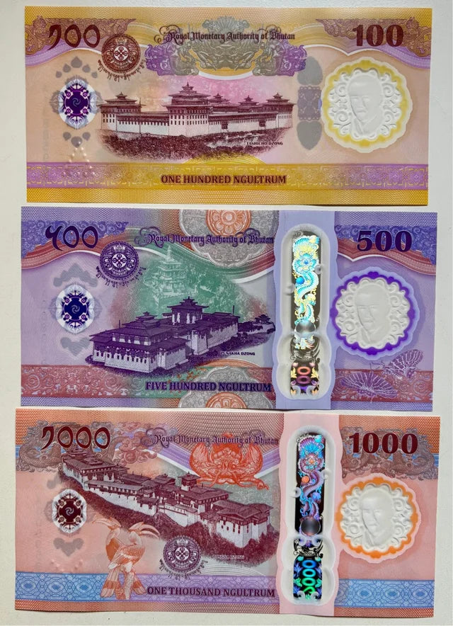 Bhután Set 3 billetes 100 500 1000 Ngultrum Conmemorativo 2025  Pick 43,44,45 Polímero Unc